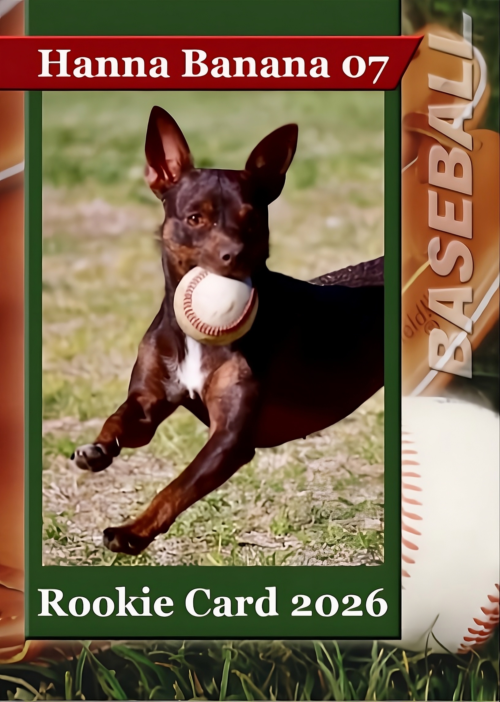 Hanna the Chihuahua leaping mid-air with a baseball in her mouth